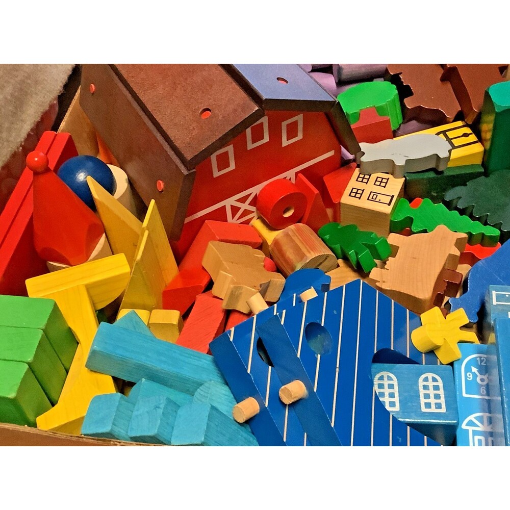 Vtg Wood Blocks TC Timber Huge Set Funland Farm Town Animals People 120+ Pieces